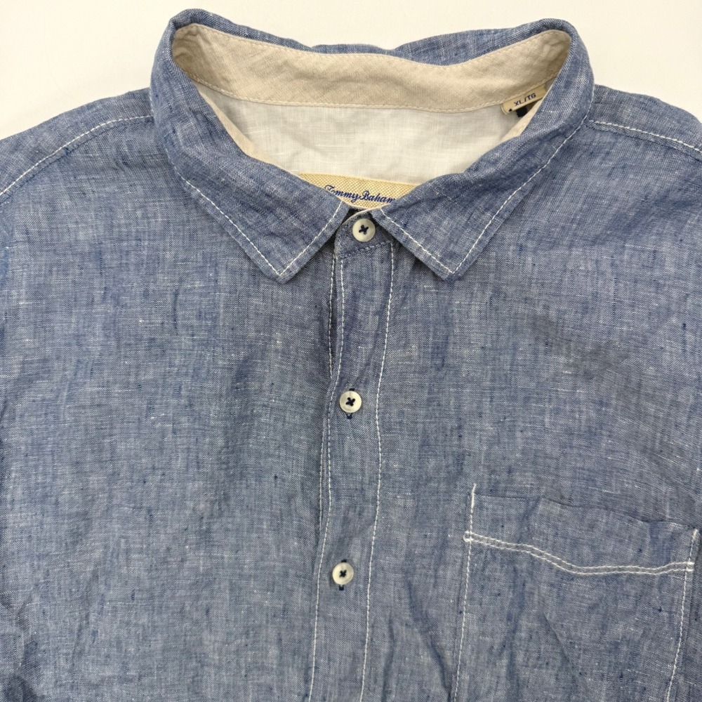 Tommy Bahama Button Down Mens XL Blue Linen Short‎ Sleeve Shirt Contrast Stitch